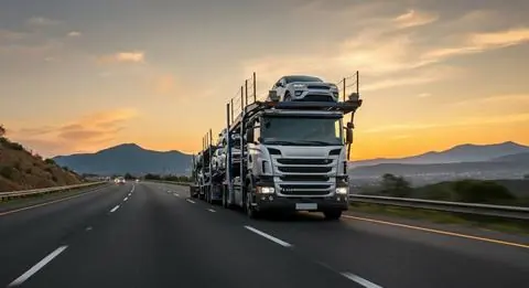 Camión madrina transportando autos en carretera al atardecer