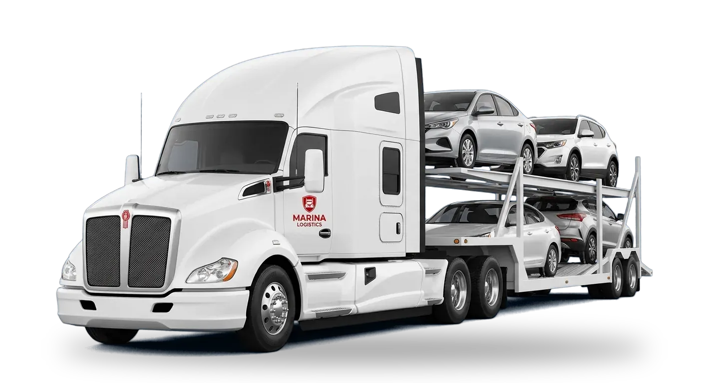 Camión madrina moderno de Marina Logistics transportando autos